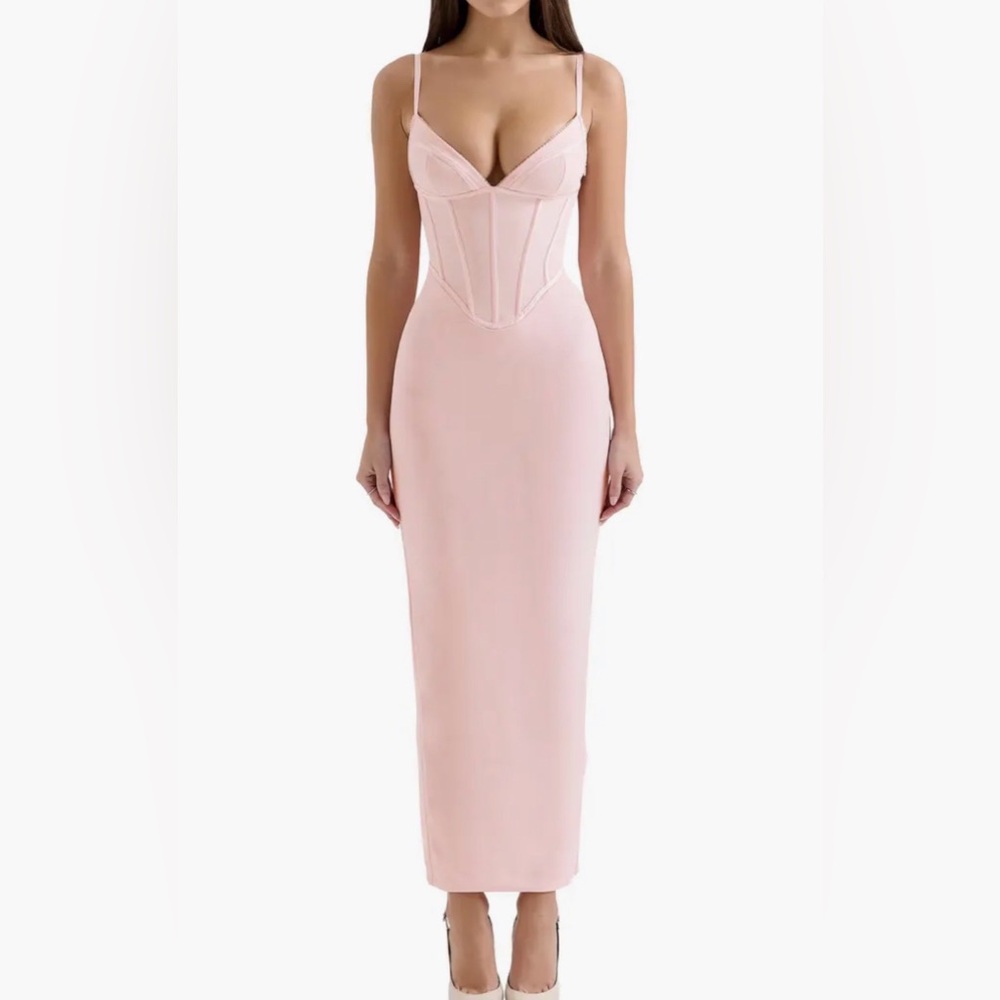 House of CB “Romy” Light Pink Elegant Fitted Corset Maxi Dress